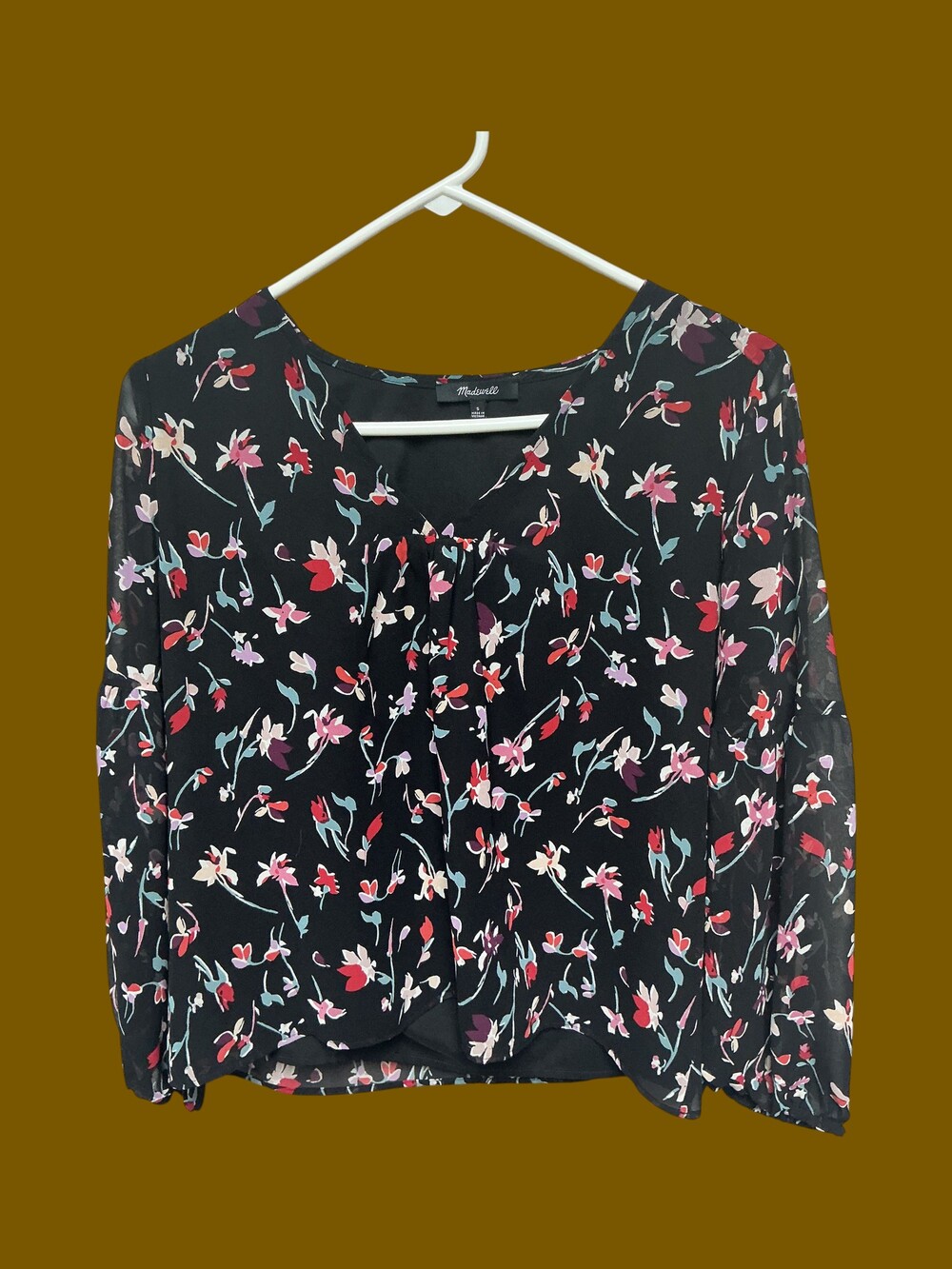 Madswell Small Black Floral Blouse Long Sleeve V Neck Top